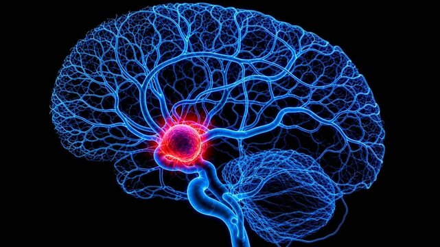 Brain aneurysm growing in cerebral blood vessel network, medical animation.