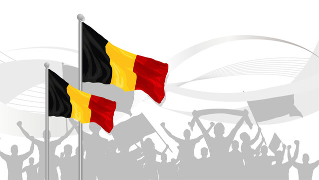Belgian flag with cheering crowd silhouettes on white background