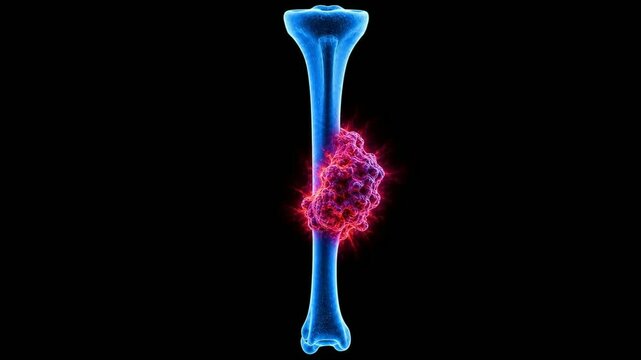 3D animation of a red cancer tumor growing on a human tibia bone, representing osteosarcoma development