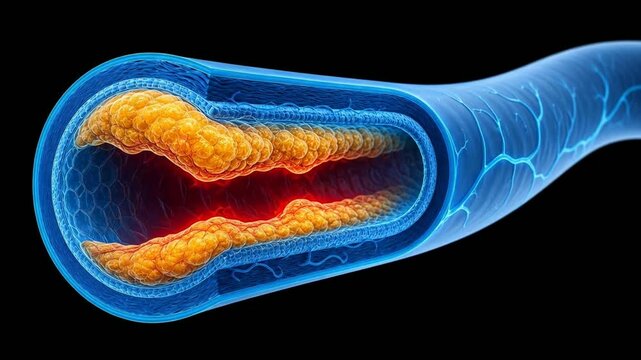 Atherosclerosis progression animation showing cholesterol plaque buildup inside a blood vessel narrowing the lumen.