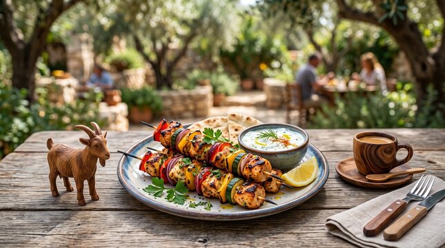 Delicious grilled chicken skewers served on a rustic wooden table in a sunny garden setting.