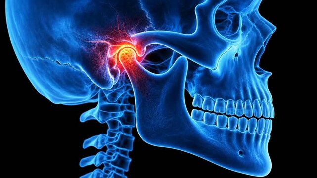 TMJ pain 3D animation showing temporomandibular joint inflammation in a human skull profile as the jaw opens.