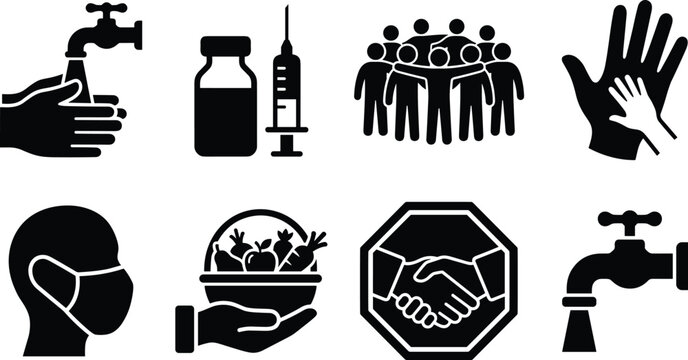 Public health and humanitarian aid black solid vector icon set featuring hygiene, vaccination, charity, and sanitation symbols.