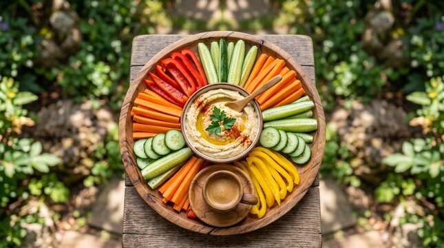 Fresh vegetable platter with hummus dip served on a wooden tray in a garden setting.