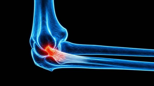 3D medical animation of glowing blue elbow joint showing inflamed tendon pain.