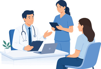 Fototapeta premium Professional Female Doctor and Nurse Consulting Senior Patient in Modern Hospital Clinic Office with Healthcare Team Discussing Medical Care Using Computer and Stethoscope