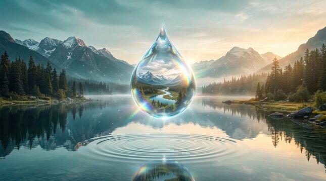 Water Droplet Reflecting Mountain Landscape Over Rippling Lake reflection