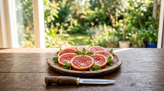 Freshly sliced grapefruit rounds on a wooden plate with mint leaves on a rustic table.