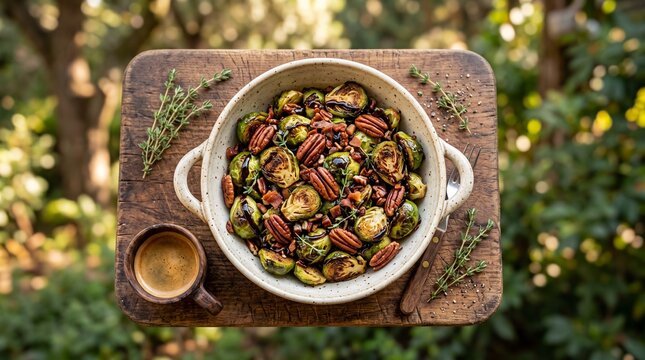 Roasted brussels sprouts with pecans in a white bowl on a wooden board.