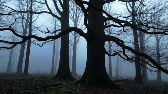 Silhouettes of massive leafless trees stand in a dense foggy forest. Gnarled branches and dark trunks create stark contrast against the thick blue mist in a cold woodland landscape.