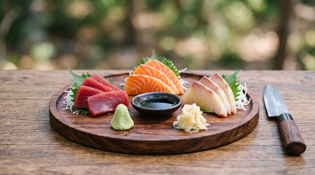 Assorted fresh sashimi platter with tuna salmon and yellowtail served on a wooden board.