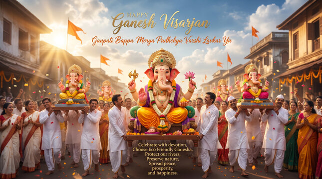 Lord Ganesha Procession with Devotees During Ganesh Visarjan Festival for Celebration Greeting Banner