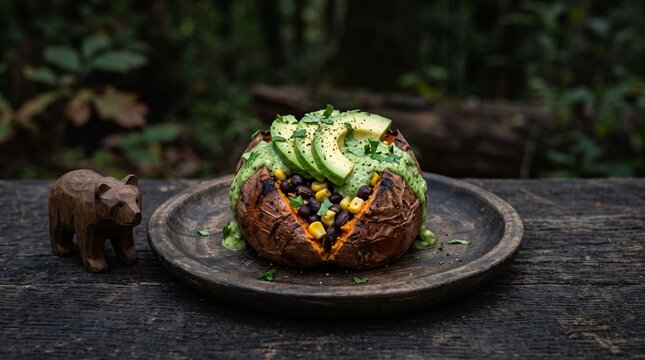 Stuffed sweet potato with black beans corn and avocado on a rustic wooden plate.