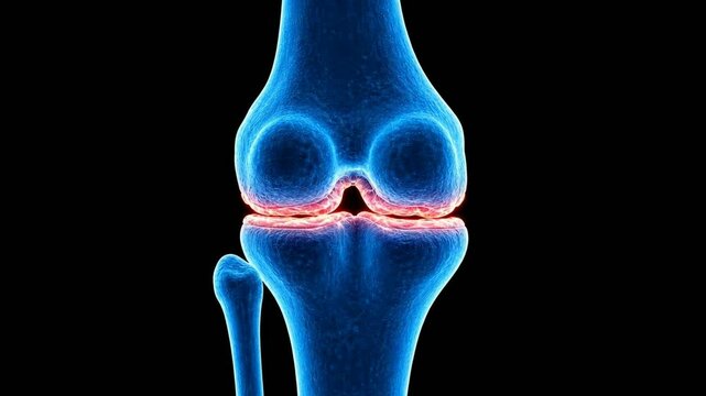 3D medical animation of human knee joint anatomy with blue x-ray style bones and highlighted meniscus cartilage on a black background.