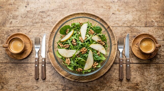 Fresh arugula salad with sliced pears and walnuts served on a rustic wooden table with coffee.