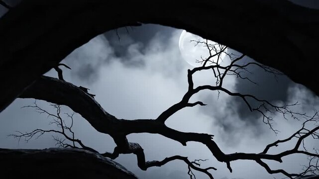 Silhouetted gnarled tree branches and leafless limbs positioned against a dark misty night sky featuring a large bright full moon and surrounding atmospheric clouds and fog.