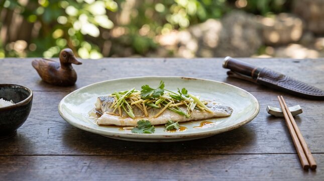 Steamed white fish fillet with ginger and scallions served on a ceramic plate.