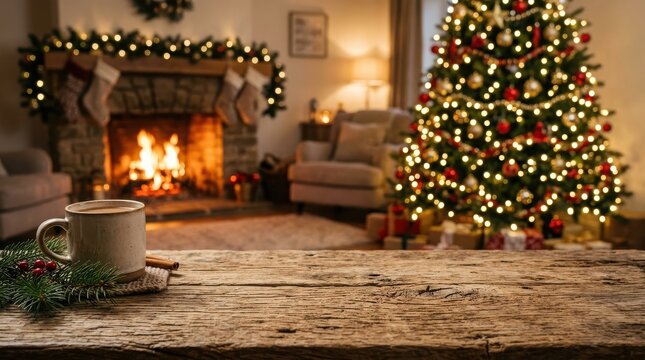 Coffee mug on rustic wooden table with christmas tree and fireplace in background