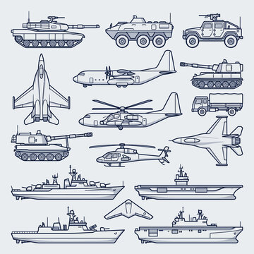 Pixel art collection of various military vehicles and warships