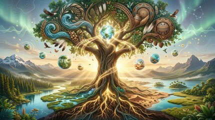 Fototapeta premium Mystical Tree of Life with Earth Globe and Celestial Elements in a Mountain Landscape roots branches