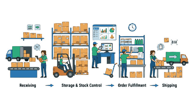 Industrial warehouse logistics and supply chain workflow diagram.