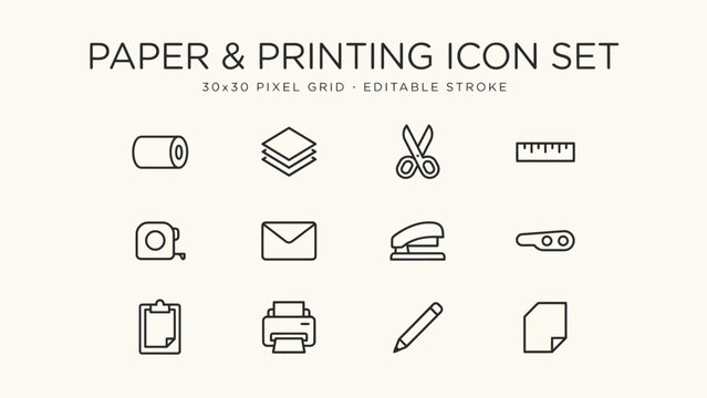 Paper and printing icon set black line art graphics on a light beige background roll stack scissors ruler