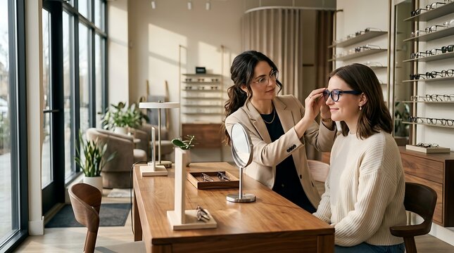 Optician fitting eyeglasses for a client in a modern optical shop
