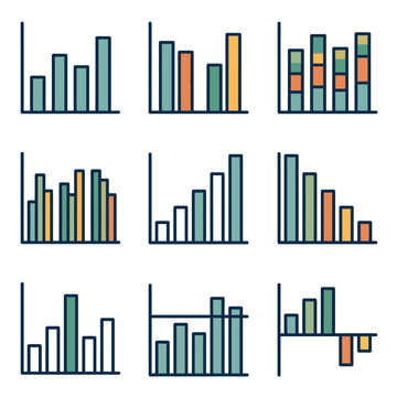 Collection of Various Bar Chart Icons and Illustrations.