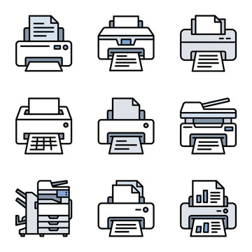 Collection of Various Printer Icons and Illustrations.