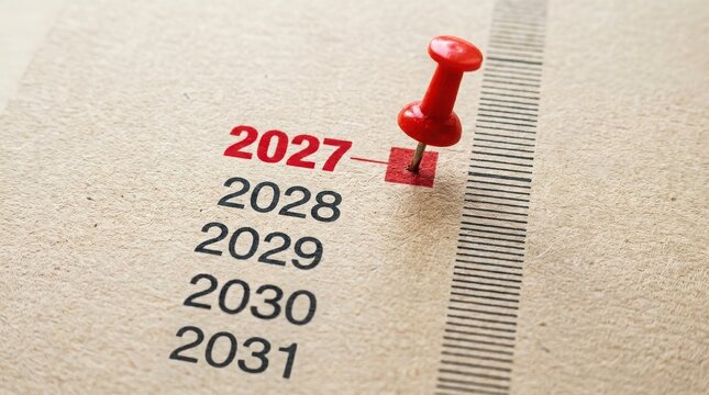 Red push pin marking the year 2027 on a printed list of future years on textured paper