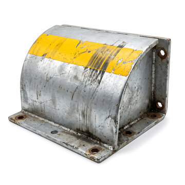 Photorealistic Isolated Silver Metal Wheel Stop with Yellow Paint Stripe on White Background