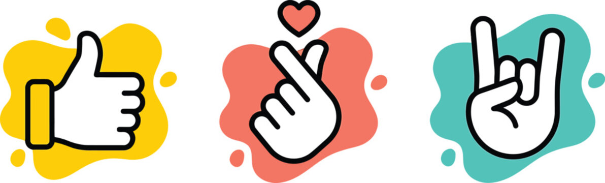 Set of hand gesture icons with thumbs up heart finger sign and rock gesture on colorful blobs