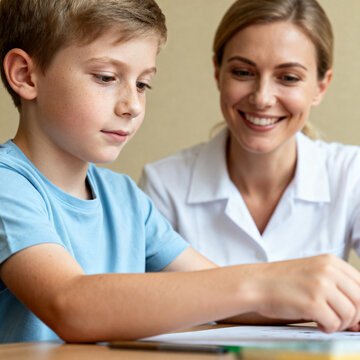 Female child therapist with kid boy