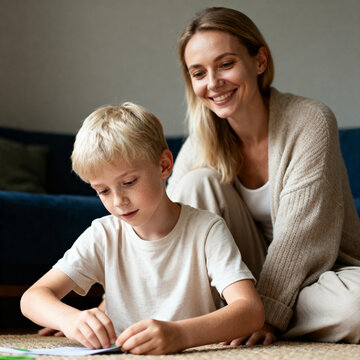 Female child therapist with kid boy