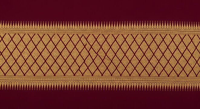 Traditional Indian Saree Border with Gold Diamond Lattice Pattern on Maroon Background.