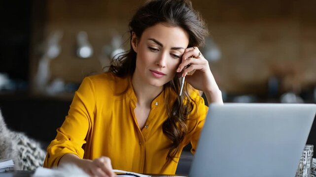 Focused Concentration: A young woman intently works on her laptop, surrounded by papers and a pen, embodying deep concentration and diligent effort.