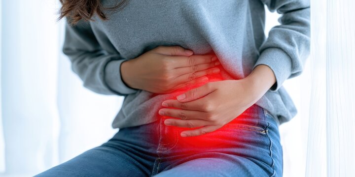 Stomach pain. Young woman touches her abdomen to acute pelvis pain. Glowing red light sign painful cramp, menstrual cycle distress ache or digestive spasm. Bladder infection symptom. Belly discomfort