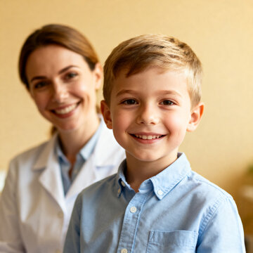 Female child therapist with kid boy