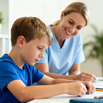 Female child therapist with kid boy