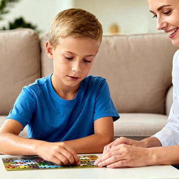 Female child therapist with kid boy