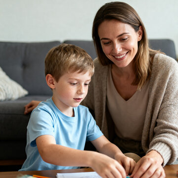 Female child therapist with kid boy