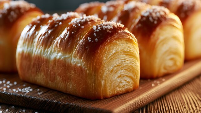 Freshly baked Japanese shio pan salt bread on wooden board.