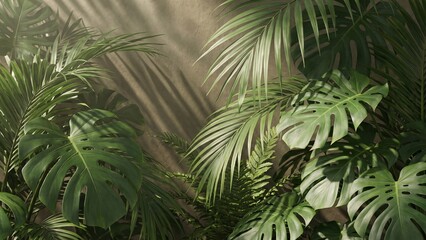 Fototapeta premium Lush green tropical plants with large leaves and ferns growing against a beige wall with sunlight casting shadows on the surface