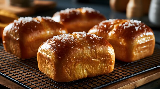 Freshly baked Japanese shio pan salt bread on cooling rack.