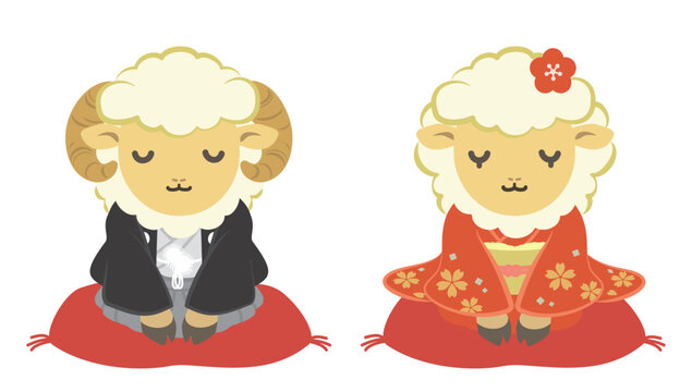 着物姿で新年の挨拶をするかわいい羊の夫婦のイラスト