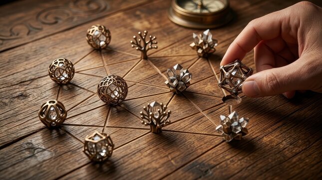 Hand moving a crystal game piece on a wooden board