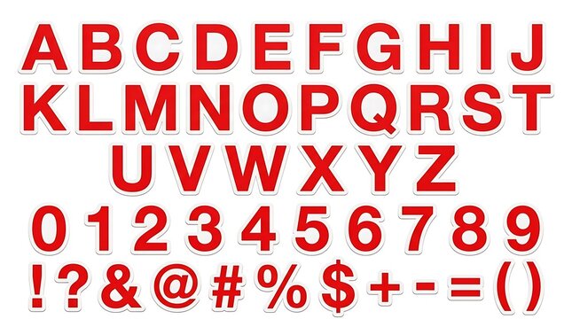 Red alphabet and symbol typography set.