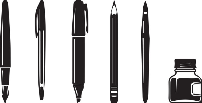 Writing tool silhouette icon set illustration, stationery vector artwork, creative design graphic, office emblem symbol, minimalist style theme