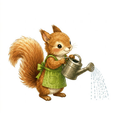 Cute squirrel wearing a green apron holding a watering can