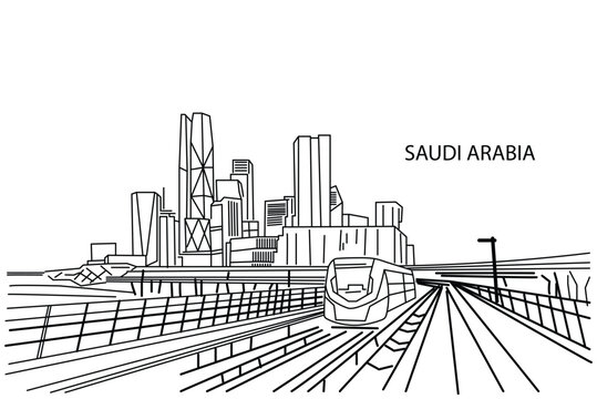 King Abdullah Financial District Riyadh Saudi Arabia Skyline Line Art with Modern City Architecture Perspective Vector Illustration